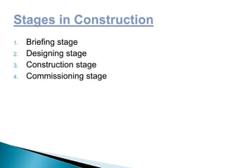 1. Briefing stage
2. Designing stage
3. Construction stage
4. Commissioning stage
 