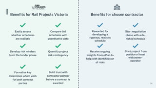 18
Benefits for Rail Projects Victoria
Easily assess
whether schedules
are realistic
Benefits for chosen contractor
Quantify project
risk contingency
Compare bid
schedules with
quantitative data
Develop risk mindset
from the tender phase
Formalise key
milestones which work
for both contract
parties
Rewarded for
developing a
rigorous, realistic
schedule
Start project from
position of trust
with owner-
operator
Start negotiation
phase with a de-
risked schedule
Receive ongoing
insights from nPlan to
help with identification
of risks
Build trust with
contractor partner
before a contract is
awarded
 