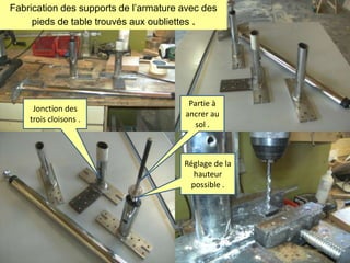 Fabrication des supports de l’armature avec des
pieds de table trouvés aux oubliettes .

Jonction des
trois cloisons .

Partie à
ancrer au
sol .

Réglage de la
hauteur
possible .

 