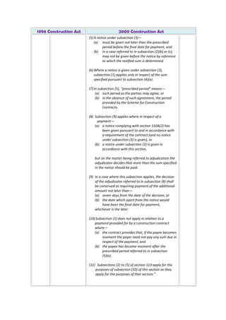 1996 Construction Act 2009 Construction Act
(5) A notice under subsection (3)—
(a) must be given not later than the prescribed
period before the final date for payment, and
(b) in a case referred to in subsection (2)(b) or (c),
may not be given before the notice by reference
to which the notified sum is determined.
(6) Where a notice is given under subsection (3),
subsection (1) applies only in respect of the sum
specified pursuant to subsection (4)(a).
(7) In subsection (5), “prescribed period” means—
(a) such period as the parties may agree, or
(b) in the absence of such agreement, the period
provided by the Scheme for Construction
Contracts.
(8) Subsection (9) applies where in respect of a
payment—
(a) a notice complying with section 110A(2) has
been given pursuant to and in accordance with
a requirement of the contract (and no notice
under subsection (3) is given), or
(b) a notice under subsection (3) is given in
accordance with this section,
but on the matter being referred to adjudication the
adjudicator decides that more than the sum specified
in the notice should be paid.
(9) In a case where this subsection applies, the decision
of the adjudicator referred to in subsection (8) shall
be construed as requiring payment of the additional
amount not later than—
(a) seven days from the date of the decision, or
(b) the date which apart from the notice would
have been the final date for payment,
whichever is the later.
(10)Subsection (1) does not apply in relation to a
payment provided for by a construction contract
where—
(a) the contract provides that, if the payee becomes
insolvent the payer need not pay any sum due in
respect of the payment, and
(b) the payee has become insolvent after the
prescribed period referred to in subsection
(5)(a).
(11) Subsections (2) to (5) of section 113 apply for the
purposes of subsection (10) of this section as they
apply for the purposes of that section.”
 