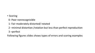 • Scoring
0- Poor nonrecognisible
1- Fair moderately distorted/ rotated
2 –minimal distortion /rotation but less than perfect reproduction
3 –perfect
Following figures slides shows types of errors and scoring examples
 
