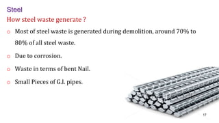 Steel
How steel waste generate ?
o Most of steel waste is generated during demolition, around 70% to
80% of all steel waste.
o Due to corrosion.
o Waste in terms of bent Nail.
o Small Pieces of G.I. pipes.
17
 