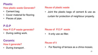 Plastic
How plastic waste Generate?
• Cement bag
• Cover material for flooring
• Pieces of pipe.
P.O.P
How P.O.P waste generate?
• During ceiling work.
Ceramic
How it generate?
• During transport .
Reuse of plastic waste
• Joint the plastic bags of cement & use as
curtain for protection of neighbour property.
Reuse of P.O.P waste
• It only use as filler.
Reuse of it
• For flooring of terrace as a china mosaic.
21
 