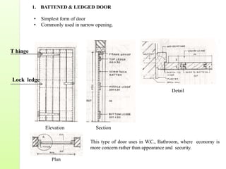 1. BATTENED & LEDGED DOOR
• Simplest form of door
• Commonly used in narrow opening.
T hinge
This type of door uses in W.C., Bathroom, where economy is
more concern rather than appearance and security.
Elevation Section
Plan
Detail
Lock ledge
 