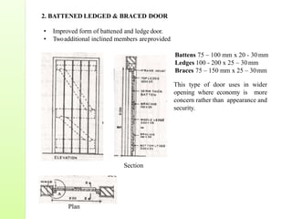 This type of door uses in wider
opening where economy is more
concern rather than appearance and
security.
2. BATTENED LEDGED & BRACED DOOR
• Improved form of battened and ledge door.
• Twoadditional inclined members areprovided
Battens 75 – 100 mm x 20 - 30 mm
Ledges 100 - 200 x 25 – 30mm
Braces 75 – 150 mm x 25 – 30mm
Section
Plan
 