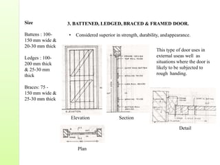 Size
Battens : 100-
150 mm wide &
20-30 mm thick
Ledges : 100-
200 mm thick
& 25-30 mm
thick
Braces: 75 -
150 mm wide &
25-30 mm thick
3. BATTENED, LEDGED, BRACED & FRAMED DOOR.
• Considered superior in strength, durability, andappearance.
This type of door uses in
external useas well as
situations where the door is
likely to be subjected to
rough handing.
Elevation Section
Plan
Detail
 