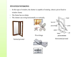 Horizontal pivotedVertical pivoted
PIVOTED WINDOWS
1. In this type of window, the shutter is capable of rotating about a pivot fixed to
window frame.
2. The frame has no rebate.
3. The shutter can swing horizontally or vertically.
Pivot hinge
 