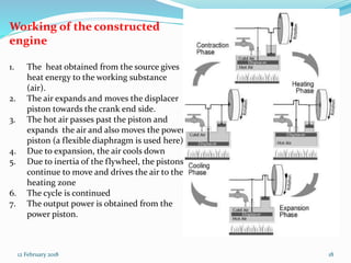 Working of the constructed
engine
1. The heat obtained from the source gives
heat energy to the working substance
(air).
2. The air expands and moves the displacer
piston towards the crank end side.
3. The hot air passes past the piston and
expands the air and also moves the power
piston (a flexible diaphragm is used here)
4. Due to expansion, the air cools down
5. Due to inertia of the flywheel, the pistons
continue to move and drives the air to the
heating zone
6. The cycle is continued
7. The output power is obtained from the
power piston.
12 February 2018 18
 