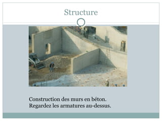Structure
Construction des murs en béton.
Regardez les armatures au-dessus.
 