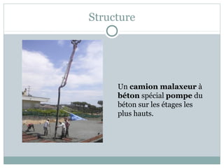 Structure
Un camion malaxeur à
béton spécial pompe du
béton sur les étages les
plus hauts.
 