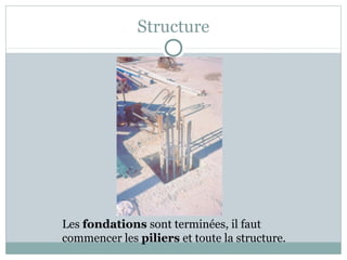 Structure
Les fondations sont terminées, il faut
commencer les piliers et toute la structure.
 