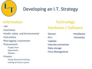 Developing an I.T. Strategy
Information
• KPI
•Cost/Value
•Health, safety and Environmental
•Instructions
•Risk logging / assessment
•Procurement
•Supply chain
•Agreements
•Rebates
•Finance
•Goods Received matching
•Linking to finance system
Technology
Hardware / Software
•Servers
•Pc’s
•Laptops
•Internet connection
•Data storage
•Virus Management
•Installation
•Version(s)
 