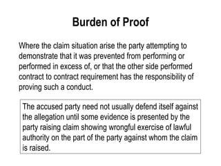 Burden of Proof Where the claim situation arise the party attempting to demonstrate that it was prevented from performing or performed in excess of, or that the other side performed contract to contract requirement has the responsibility of proving such a conduct. The accused party need not usually defend itself against the allegation until some evidence is presented by the party raising claim showing wrongful exercise of lawful authority on the part of the party against whom the claim is raised.  