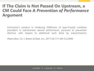 z
If The Claim Is Not Passed On Upstream, a
CM Could Face A Prevention of Performance
Argument
Contractor's conduct in hindering fulfillment of [pay-if-paid] condition
precedent in subcontracts waived performance, pursuant to prevention
doctrine, with respect to additional work done by subcontractors;
Moore Bros. Co. v. Brown & Root, Inc., 207 F.3d 717 (4th Cir.2000)
 