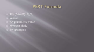  TE=(A+(4M)+B)/6
 Where
 A= persimistic value
 M=most likely
 B= optimistic
 