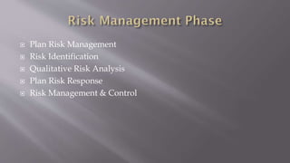  Plan Risk Management
 Risk Identification
 Qualitative Risk Analysis
 Plan Risk Response
 Risk Management & Control
 