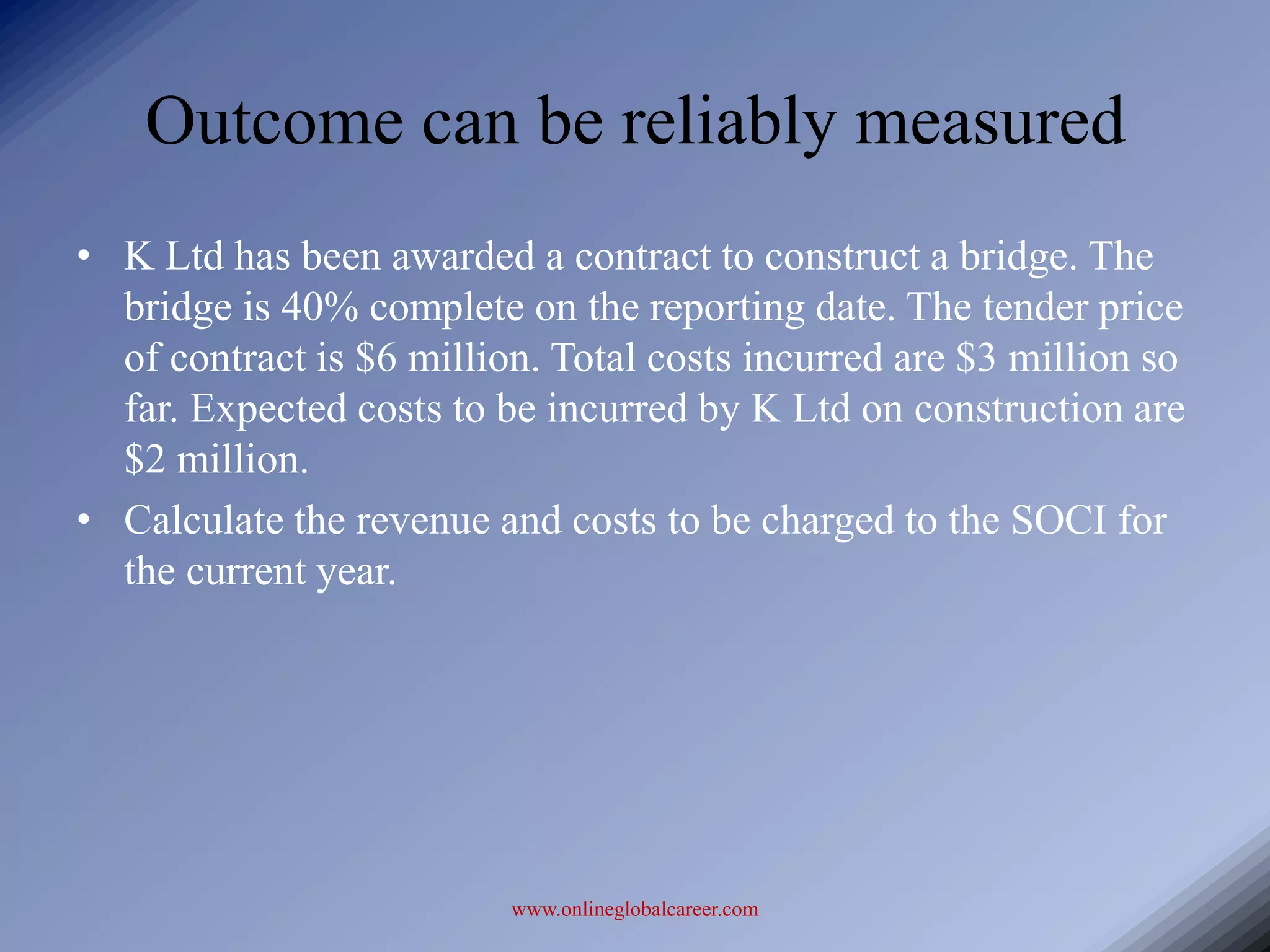 Outcome can be reliably measured
• K Ltd has been awarded a contract to construct a bridge. The
  bridge is 40% complete on the reporting date. The tender price
  of contract is $6 million. Total costs incurred are $3 million so
  far. Expected costs to be incurred by K Ltd on construction are
  $2 million.
• Calculate the revenue and costs to be charged to the SOCI for
  the current year.




                          www.onlineglobalcareer.com
 