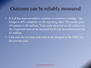 Outcome can be reliably measured
• K Ltd has been awarded a contract to construct a bridge. The
  bridge is 40% complete on the reporting date. The tender price
  of contract is $6 million. Total costs incurred are $3 million so
  far. Expected costs to be incurred by K Ltd on construction are
  $2 million.
• Calculate the revenue and costs to be charged to the SOCI for
  the current year.




                          www.onlineglobalcareer.com
 