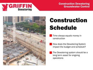 Construction
Schedule
Time always equals money in
construction
How does the Dewatering System
impact the budget and schedule?
The Dewatering system should be a
long term asset for ongoing
operations
 