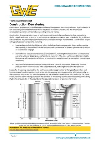 GROUNDWATER ENGINEERING

Technology Data Sheet

Construction Dewatering
Construction projects that extend below groundwater level present particular challenges. If groundwater is
not adequately controlled then excavations may flood or become unstable, and the efficiency of
construction operations will be reduced, wasting time and money.
Construction dewatering is the range of techniques used to control groundwater to allow excavations,
shafts, tunnels and other structures to be constructed below groundwater level in workably dry, stable and
safe conditions. If a planned programme of construction dewatering is implemented, a construction project
will typically see several benefits, including:


Improved geotechnical stability and safety, including allowing steeper side slopes and preventing
the softening or disruption of the excavation formation level due to upward groundwater pressures
or uncontrolled seepage.



More efficient excavation and construction conditions, including firmer excavation conditions less
prone to rutting or bogging down of plant and machinery. The drier working conditions created by
dewatering will improve the efficiency of construction operations such as excavation, concreting or
pipe laying.



Less risk of adverse environmental impacts because correctly engineered dewatering systems
produce ‘clean’ water with very little suspended solids, reducing the risk of water pollution.

Successful dewatering requires that the techniques used are appropriate to the type of excavation and
hydrogeological conditions at the construction site. Dewatering techniques must be selected carefully, as
the various techniques are not interchangeable and are only effective within certain conditions. The figure
below provides useful initial guidance on the selection of dewatering techniques in relation to permeability
(hydraulic conductivity) of the ground and the required drawdown of groundwater levels.

Range of application of pumped well groundwater control techniques (from CIRIA Report C515 Groundwater Control –
Design and Practice (Preene et al., 2000), reproduced by permission of CIRIA, www.ciria.org)

Want to find out more? For Further details contact:
enquires@groundwaterinternational.com;

Page 1 of 4

www.groundwaterinternational.com

 