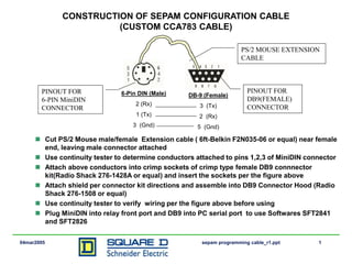 1
04mar2005 sepam programming cable_r1.ppt
CONSTRUCTION OF SEPAM CONFIGURATION CABLE
(CUSTOM CCA783 CABLE)
 Cut PS/2 Mouse male/female Extension cable ( 6ft-Belkin F2N035-06 or equal) near female
end, leaving male connector attached
 Use continuity tester to determine conductors attached to pins 1,2,3 of MiniDIN connector
 Attach above conductors into crimp sockets of crimp type female DB9 connnector
kit(Radio Shack 276-1428A or equal) and insert the sockets per the figure above
 Attach shield per connector kit directions and assemble into DB9 Connector Hood (Radio
Shack 276-1508 or equal)
 Use continuity tester to verify wiring per the figure above before using
 Plug MiniDIN into relay front port and DB9 into PC serial port to use Softwares SFT2841
and SFT2826
6-Pin DIN (Male)
2 (Rx)
1 (Tx)
3 (Gnd)
DB-9 (Female)
3 (Tx)
2 (Rx)
5 (Gnd)
PS/2 MOUSE EXTENSION
CABLE
PINOUT FOR
DB9(FEMALE)
CONNECTOR
PINOUT FOR
6-PIN MiniDIN
CONNECTOR
 