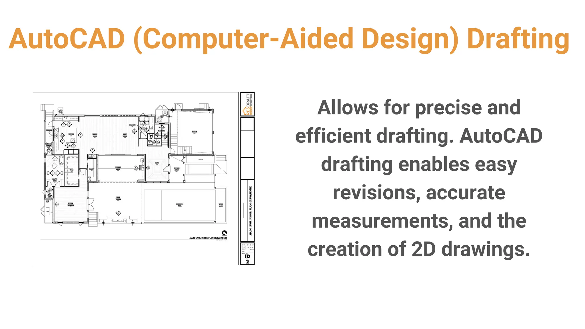 AutoCAD (Computer-Aided Design) Drafting
Allows for precise and
efficient drafting. AutoCAD
drafting enables easy
revisions, accurate
measurements, and the
creation of 2D drawings.
