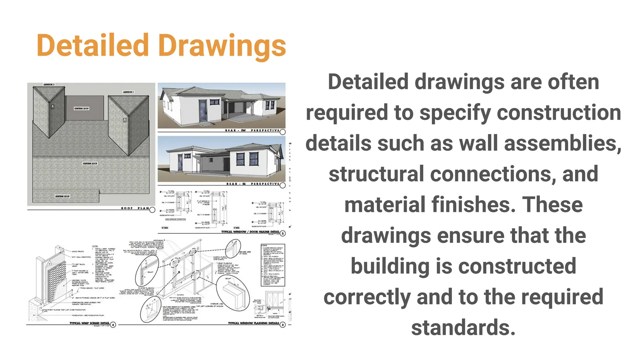 Detailed Drawings
Detailed drawings are often
required to specify construction
details such as wall assemblies,
structural connections, and
material finishes. These
drawings ensure that the
building is constructed
correctly and to the required
standards.