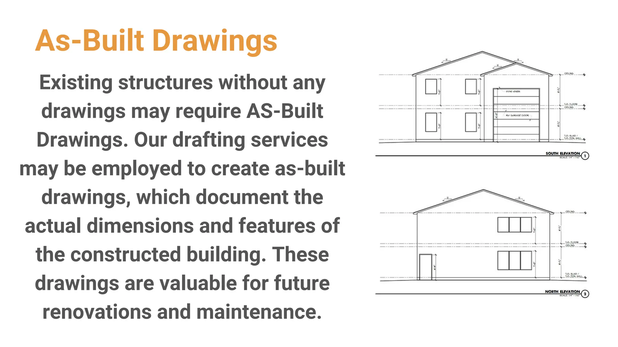 As-Built Drawings
Existing structures without any
drawings may require AS-Built
Drawings. Our drafting services
may be employed to create as-built
drawings, which document the
actual dimensions and features of
the constructed building. These
drawings are valuable for future
renovations and maintenance.
