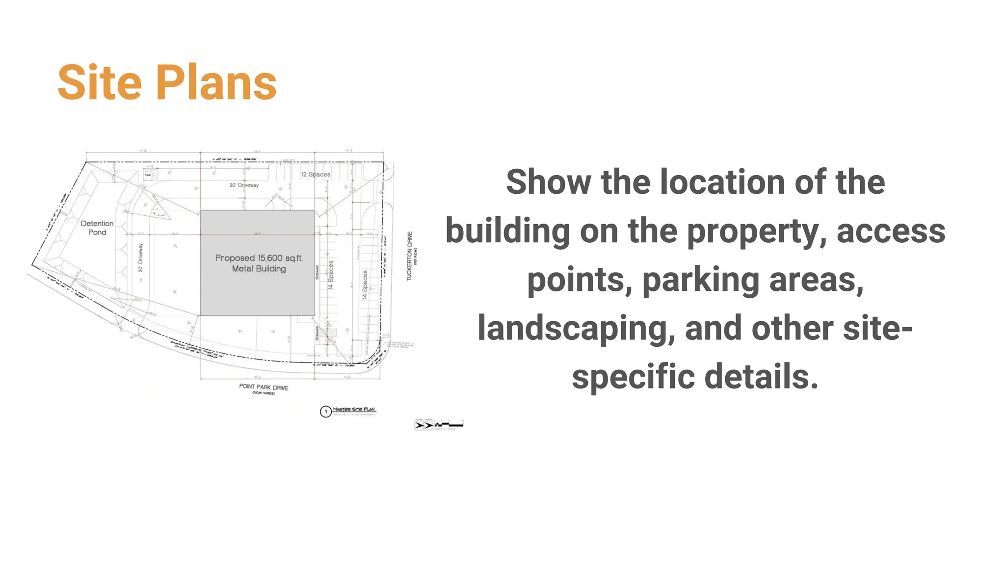 Show the location of the
building on the property, access
points, parking areas,
landscaping, and other site-
specific details.
Site Plans