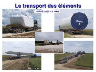 Le transport des éléments
NORDEX N90 – 2,3 MW

Poids nacelle : 84 t (avec rotor)

Pale : 44 m, 3,5 t

Mât : 80 m, 170 t, 4 éléments

 