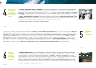 4
Mettre en place
un système de
management
intégré autour
des objectifs
définis
Communiquer,
former
et sensibiliser
Mesurer
les progrès
et rendre
des comptes
aux parties-
prenantes
£ S’entourer de partenaires motivés et compétents sur la construction durable, avec plusieurs bâtiments durables à leur actif,
et trouver des systèmes innovants pour les motiver sur les objectifs de performance (ex : sensibilisation préalable, système de
bonus/malus en fonction des performances du bâtiment) (cf. fiche 3). £ En phase de conception, mettre en place une organisation
transversale réunissant l’ensemble des acteurs concernés par le chantier (comité de pilotage, réunions d’information, consultation,
etc.). £ Établir une feuille de route planifiant le moment où chaque corps de métier intervient aux différentes étapes du projet.
£ Répartir de manière officielle les missions, responsabilités et autorités dans l’équipe et nommer un responsable HQE et suivi
des travaux (Ordonnancement - Pilotage de chantier – Coordination) dont le rôle est de centraliser l’information, de remonter et
arbitrer les contraintes, d’assurer la prise de décision et de faire respecter la feuille de route.
Photo : Réunion lors de la conception du Council House 2 (Melbourne, Australie).
5
£ S’entourer d’une équipe ayant une fibre «environnementale», et prévoir des sessions de formation/sensibilisation pour les équipes opérationnelles. £ Vendre ses
ambitions environnementales à ses fournisseurs en argumentant sur l’intérêt pour eux de ce type de projet : valeur ajoutée de l’offre, nouvelles compétences HQE
valorisables sur le marché, acquisition d’une expérience leur donnant ensuite la possibilité de répondre à des appels d’offre ayant des exigences environnementales…
£ Exiger des ma tres d’œuvre qu’ils prennent toutes les précautions utiles pour minimiser leurs impacts (ex : tri des déchets de chantier). £ Définir un plan de
communication précis tout au long du projet, qui pourra être adapté en fonction du public visé (par ex. : newsletter pour les riverains, point d’information, réunions
d’information, site Interne, etc.) et qui fera le lien avec la stratégie de développement durable de l’entreprise. £ Fournir aux futurs utilisateurs les documents qui
les accompagneront dans une utilisation judicieuse du bâtiment (Dossier d’Intervention Ultérieur sur les Ouvrages, livret d’entretien et de maintenance...). £ Une fois
le projet achevé et les progrès mesurés, valoriser de manière créative le «plus» que représente la construction durable, en interne et en externe.
£ Rédiger un tableau de bord pour piloter l’ensemble de la démarche de l’amont à l’aval, avec des objectifs et des indicateurs
de suivi. Cela suppose notamment de choisir des indicateurs-clés à chaque phase d’élaboration du bâtiment et de réaliser un certain
nombre d’études et de simulations avant et pendant le processus. £ Organiser la « mémoire » de l’opération, en rédigeant
une documentation qui en reprenne les détails et permette d’assurer la « traçabilité » des décisions/interventions de l’opération.
£ Prévoir dès la conception la mise en place d’outils de mesure de la performance effective du bâtiment (ex. : consommations
d’énergie et de ressources, absentéisme et turnover s’il s’agit d’un bureau, etc.) et penser à mettre en place ce suivi lors de la phase
d’exploitation (cf. fiche 4), aussi bien sur les consommations, l’entretien, la maintenance que sur le niveau de satisfaction des usagers.
Photo : Leslie Shao-Ming Sun field Station (Californie, USA).
6
 