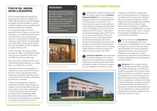 Nature  Découvertes (Paris, France)
1 Afin d’évaluer l’impact environnemental
du nouveau siège social de la Banque
Populaire d’Alsace, les empreintes éco-
logiques de l’ancien et du nouveau bâtiment
ont été calculées. Les résultats de ces
calculs montrent que le nouveau bâtiment
a une empreinte écologique de 0,86 ha/p/an
contre 1,06 ha/p/an pour l’ancien, soit une
diminution de 19% environ. La diminution
d’empreinte écologique atteint 33% environ
si l’on raisonne en ha/m2
/an. Il est aussi
intéressant de noter que l’augmentation
de l’empreinte écologique des trajets
domicile-travail (utilisation plus importante
de véhicules individuels du fait du manque
de transports en communs pour le nouveau
siège) représente environ la moitié de la
réduction liée à la construction HQE.
2 Cardonnel Ingénierie, spécialisé dans
les études thermiques et fluides du
bâtiment, a choisi de faire de son nouveau
siège social une vitrine de son savoir-faire
en matière de HQE et d’efficience énergéti-
que. Son fondateur a contribué à la mise
exemples DE bonnes pratiquesRessources +
P «Notre empreinte écologique»
de Mathis Wackernagel et William
Rees, Ecosociété.
P «Towards a Climate-Friendly
Built Environment», de Marilyn
Brown, Frank Southworth et
Therese Stovall du Laboratoire Oak
Ridge National.
 www.pewclimate.org
www.constructiondurable.com Banque Populaire d’Alsace (Mulhouse, France)
ÉTUDE DE CAS : magasin
Nature  Découvertes
Pour l’enseigne Nature  Découvertes,
la mesure des impacts du magasin des
Halles, effectuée avant et après la rénovation
du magasin, a permis de valider un certain
nombre d’innovations qui seront généralisées
à tous les magasins de l’enseigne:
• Le nouvel aménagement offre la
possibilité de faire évoluer le concept très
facilement. Le cloisonnement des rayons,
« dématérialisé » avec la suppression
des murs, est assuré par le mobilier dont
l’épaisseur a été réduite et le poids allégé.
Ces modifications ont permis de réduire
la facture de mobilier de 25% et d’obtenir
un espace intérieur aéré.
• Pour l’éclairage, des lampes à faible
émission de chaleur ont été sélectionnées.
Elles sont plus économes (35 W au lieu
de 38 W) et durent plus longtemps.
• Au sol, la lave a remplacé la terre cuite,
cette dernière utilisant beaucoup d’« énergie
grise» au moment de la cuisson.
Les travaux ont permis au magasin de
reprendre une place de leader en termes
de CA au niveau du groupe, de motiver
l’équipe qui a largement adhéré au projet
et de bénéficier de retombées médiatiques
positives pour l’enseigne.
L’empreinte écologique du magasin a
cependant révélé que l’impact majeur du
magasin ne se situe pas dans le bâtiment
en lui-même (construction, exploitation,
fin de vie) mais majoritairement dans
le transport des marchandises (60%),
des clients et des salariés (30%). D’où
l’importance de la localisation et de la prise
en compte de l’urbanisme (cf. fiche 9).
en place de la RT 2005 en collaboration
avec la Direction générale de l’urbanisme,
de l’habitat et de la construction (DGUHC),
puis à la conception de logiciels (CHLOE,
CESAR) ainsi qu’à l’élaboration de la méthode
CUBE (Calcul Unifié du Bilan Energie,
Environnement, Economie). Le bâtiment
consomme moins de 100 kWh ep/m2
et rejette
moins de 10 kg de CO2/m2
, pour un investis-
sement global de 600 000 e, soit un coût
du m2
de l’ordre de 1000 e.
3 Dès la livraison du collège Oberlin,
un outil de pédagogie et de retour
d’expérience a été développé et mis en ligne
pour présenter la performance en temps
réel du bâtiment mais aussi les différents
matériaux utilisés lors de la construction
du bâtiment, leurs fabricants et leurs
performances respectives sur les différents
critères de développement durable retenus.
www.oberlin.edu/ajlc
4 Descartes + est un projet initié par
l’École Nationale des Ponts  Chaus-
sées (ENPC), l’Epamarne et le CSTB, dont
l’objectif est de tester les nouvelles techno-
logies de l’énergie ou d’isolation. Il mettra
à la disposition des acteurs du secteur du
bâtiment une plate-forme pour l’expérimen-
tation, la visualisation, la simulation et la mise
en œuvre de bâtiment. Les équipes recherche
et innovation de PME industrielles dans les
domaines de l’isolation, du photovolta que, de
l’air, des automatismes, mais aussi de l’infor-
matique et de la simulation, disposeront d’un
centre de ressources sur place.
 