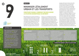 9
FICHE N°9 :
Minimiser l’étalement
urbain et les transports
Construire durable commence par bien choisir
la situation géographique du bâtiment
Notre attachement à la maison avec jardin et à
la voiture individuel a favorisé, dans un contexte
de pétrole bon marché, l’émergence des villes
«extensibles», entra nant la multiplication de
zones pavillonnaires éloignées du centre-ville.
Ce modèle est aujourd’hui fortement remis
en cause : dévoreur d’espace, coûteux en rac-
cordement aux réseaux (routes, canalisations,
électricité, ramassages des déchet, parcours
des bus, etc.), il est également peu efficace
énergétiquement. En milieu plus dense par
exemple, la déperdition de chaleur entre les
maisons mitoyennes est moindre. L’étalement
urbain pose par ailleurs des problèmes de
manquedemixitésocialeetd’éloignemententre
les habitations et les commerces, les centres
d’activités culturelles ou sportives. Le résultat
estunedégradationlentedenotrequalitédevie:
paysages altérés par les réseaux et les pôles
commerciaux, pollutions atmosphériques
et sonores liées au transport accru, perte
de temps et stress dans les embouteillages.
Face à ce constat, des quartiers et des villes
européennes font le choix d’un développement
alternatif (Stockholm, Stuttgart, Rennes, etc.)
axé qualité de vie des usagers, efficacité
budgétaire et respect de l’environnement.
A travers une implantation réfléchie ou un Plan
de Déplacement d’entreprise (PDE), certaines
entreprises rivalisent elles aussi d’imagination
pour mieux satisfaire leurs clients, leurs sala-
riés et pour faire changer les habitudes ancrées.
Elles essaient ainsi d’infléchir le coût de plus
en plus prohibitif de l’utilisation systématique
delavoitureparleursemployés:coûtdeconstruc-
tionet d’entretien des places de stationnement,
occupationdeterrainconstructiblesouventrares
et précieux, montée des prix du carburant, et
surtouttempsperdudanslesencombrements.K
1
8 unités en maison
individuelles.
100%
100%
100%
100%
8 unités en 2 bandes de
4 maisons mitoyennes.
70%
74%
89%
87%
2
8 unités en immeuble
collectif (R + 1 + sous-sol).
34%
35%
68%
58%
3
Chiffres clés +
P La moitié de la population vit en
zone urbaine (dont 30% dans des
bidonvilles). (souce : ONU-Habitat)
P Près de 15 millions de personnes,
en 2001, dont plus de 8 millions
résidant dans les pôles urbains et
2,5 millions en zones rurales, sont
des «migrants alternatifs» qui font,
en moyenne, 15 km de trajet pour se
rendre à leur travail. (source INSEE)
P La vitesse moyenne d’une voiture
en ville est de 18 km/h, alors que la
vitesse moyenne du métro à Paris
est de 27 km/h. (souce : site Internet
défipourlaterre.org)
Que dit la loi ?
n La Loi Solidarité et Renouvel-
lement Urbain (2000) oblige les
collectivités à élargir les trottoirs,
les voies de bus, à privilégier les
transports en commun et à rendre
le stationnement plus difficile.
Les agglomérations de plus de
100 000 habitants sont dans l’obli-
gation d’encourager les entreprises
et les établissements à mettre
en œuvre des PDE.
n En matière de PDE et PDU
(Plans de Déplacement Urbains),
des aides sont possibles auprès
de l’ADEME (plafonnées à
75 000€), de la DTT (Direction des
Transports Terrestres du Ministère
de l’Equipement) et du PREDIT
(Ministère de l’Equipement
et des Transports).
n Au niveau européen, le projet
HQE2R veut étendre la HQE à
l’échelle du quartier en y incluant
des objectifs sociaux.
(http://hqe2r.cstb.fr).
n Aux Pays-Bas, la construction
d’une entreprise ou d’une admi-
nistration n’est rendue possible
qu’après examen de la desserte
publique nécessaire à son activité.
Densité des logements : impact de 3 cas de figure
Construction durable :
De la théorie à la pratique
Emprise au sol
Surface d’enveloppe
Energie de chauffage
Coût de construction
Comparaison de l’impact sur l’environnement de 8 unités de logements en fonction de leur densité. (source : Ökologische Baukompetenz de Ekhart Hahn)
 