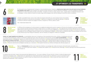 6
S’implanter
de manière
à réduire
les distances
Privilégier
l’intermodalité
et la diversité
des modes
de transports
Mettre en place
un Plan
de déplacement
d’entreprise
(P.D.E.)
Inciter
aux modes
de transports
alternatifs
Miser sur
l’évènementiel
En choisissant le lieu d’implantation de l’entreprise, il est primordial de penser d’abord à la réduction des trajets entre le lieu de travail et le lieu d’habitation
des employés et des clients, avant d’imaginer des modes de transport alternatif ou même de bâtiments écologiques. Il est plus écologique de réhabiliter
un bâtiment en centre ville, proche de toutes commodités - transports en commun, écoles, services, loisirs - que de réaliser un bâtiment exemplaire isolé
en campagne. Le bilan carbone en hausse du nouveau siège social écologique mais isolé de la Banque du Haut Rhin illustre ce problème.
7
£ Etudier la possibilité d’avoir recours à des modes de transports alternatifs aux camions (plates-formes intermodales,
transports ferroviaires et maritimes de marchandises). £ Optimiser le chargement et les trajets des véhicules. £ Favoriser
la mixité des modes de transports de voyageurs (routiers, transports en commun, piétons, cycles).
Photo : Hôpital Boulder (Boulder, USA).
Un PDE peut être envisagé pour les sites existants non-adaptés (son déploiement prend en moyenne 6 à 8 mois et les résultats ne sont pas immédiats,
mais ils peuvent entra ner de fortes économies à moyen terme). Les 3 étapes successives sont : £ Se rapprocher des autorités organisatrices des transports
(AOT) (communautés d’agglomérations, syndicats mixtes de transports en commun (SMTC)) pour profiter d’éventuelles synergies. £ Consulter les organismes
susceptibles de vous accompagner (bureau d’étude) ou de vous subventionner (ADEME). £ Choisir parmi les différents leviers d’actions proposés ceux qui seront
les plus efficaces pour faire changer les habitudes, selon les résultats d’un diagnostic à effectuer au préalable.
Insister sur l’aspect égalitaire de la démarche : un automobiliste coûte cher à l’entreprise en frais de parking (construction, entretien, immobilisation de terrain)
et remboursement kilométrique. Instaurer un forfait fixe coût/personne pour chacun des salariés en associant des contraintes pour les automobilistes : £ Parking
payant et/ou restreint. £ Management rigoureux en matière de véhicules de service et de fonction. £ Limite de remboursement de carburant. Et avantages accordés
aux modes de transports alternatifs : £ Abonnement aux transports en commun pris en charge à 100%. £ Navette gratuite depuis les stations de métro ou
de bus. £ Remboursement des frais d’acquisition et d’entretien des vélos ou flotte de vélos d’entreprise. £ Garage à vélo au pied de l’immeuble avec local de
douches. £ Places de stationnement privilégiées réservées aux co-voitureurs. £ Participation financière aux révisions techniques des véhicules propres, etc.
Miser sur l’évènementiel peut être un bon moyen de sensibiliser aux avantages des modes de transports alternatifs (santé, convivialité, etc.) :
£ Forum «la marche à pied contre l’obésité». £ Colloque ville cyclable à Lille. £ Semaine test de covoiturage. £ Sorties à vélo (pour des visites du patrimoine
par exemple), etc.
8
9
10
…Et optimiser les transports
Viser à
limiter les
déplacements
La meilleure façon de limiter l’impact environnemental des déplacements est… de ne pas se déplacer. On peut chercher à limiter le nombre de déplacements,
notamment via quelques outils : £ Optimisation de l’organisation du travail (notamment pour les personnels non sédentaires ou pour les entreprises ayant
plusieurs sites). £ Services de proximité pour les salariés limitant leurs déplacements extra-professionnels. £ Mise en place de travail à domicile ou de
plateformes de télétravail. £ Visio-conférences.
11
 