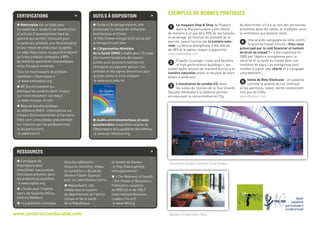 1 Le magasin Stop  Shop de Foxboro
dans le Massachusetts a été rénové
de manière à ce que 60 à 90% de ses besoins
en éclairage, en fonction du moment de la
journée, soient fournis par la lumière natu-
relle. La facture énergétique a été réduite
de 38% et le panier moyen a augmenté.
www.stopandshop.com
2 D’après l’ouvrage «costs and benefits
of high performance buildings», les
écoles ayant recours de manière accrue à la
lumière naturelle voient le résultat de leurs
élèves s’améliorer.
3 L’installation de sondes CO2 dans
les salles de réunion de la Tour Granite
(Société Générale) à la Défense permet,
en mesurant la concentration en CO2,
de déterminer s’il y a ou non des personnes
présentes dans les salles, et d’adapter ainsi
la ventilation aux besoins réels.
4 Une grande campagne de lutte contre
le bruit au travail intitulé «Etes-vous
préoccupé par le coût financier et humain
du bruit au travail ?» a été organisée fin
2005 par l’Agence européenne pour la
sécurité et la santé au travail dans une
trentaine de pays. Les entreprises sont
invitées à signer une charte et à s’engager
concrètement.
5 Usine de Bois Steelcase : un système
contrôle la qualité de l’air intérieur
et les peintures, colles, vernis contiennent
très peu de COVs.
www.steelcase.com
exemples de bonnes pratiques
www.constructiondurable.com
Supermarché Sainsbury (Greenwich, Grande Bretagne)
Bâtiment 270 (Aubervilliers, France)
Outils à disposition
P Guide à l’éclairage naturel, site
produit par la cellule de recherche
Architecture et Climat.
 http://www-energie.arch.ucl.ac.be/
eclairage/accueil.htm
P L’Organisation Mondiale
de la Santé (OMS) a établi pour l’Europe
des recommandations de valeurs
guides pour plusieurs substances
chimiques qui peuvent polluer l’air
ambiant et des lignes directrices pour
la lutte contre le bruit ambiant.
 www.euro.who.int
P Audits environnementaux et auto-
questionnaire disponibles auprès de
l’Observatoire de la qualité de l’Air Intérieur.
 www.air-interieur.org
certifications +
P Natureplus est un label pour
les matériaux, produits de construction
et articles d’ameublement haut de
gamme qui certifie l’innocuité pour
la santé des produits, leur fonctionnalité
et leur mode de production écophile.
Le label Natureplus ne peut être délivré
qu’à des produits composés à 85%
de matières premières renouvelables
et/ou d’origine minérale.
Tous les fournisseurs de produits
labellisés « Natureplus ».
 www.natureplus.org
P NF Environnement qui
distingue les produits dont l’impact
sur l’environnement est réduit.
 www.marque-nf.com
P Base de données publique
de référence INIES : Informations sur
l’Impact Environnemental et Sanitaire.
Elles sont consultables gratuitement
sur Internet, par les professionnels
et les particuliers.
 www.inies.fr
+
Ressources +
P Campagne de
Greenpeace pour
sensibiliser aux produits
chimiques présents dans
les produits du quotidien.
 www.vigitox.org
P «Guide pour l’habitat
sain» de Suzanne Déoux,
éditions Medieco.
P «La pollution chimique
dans les bâtiments :
mieux la conna tre, mieux
la combattre», Etude du
docteur Fabien Squinazi
pour les laboratoires Viatris.
P MaisonSanté, site
réalisé avec le soutien
du département de l’action
sociale et de la santé
de la République
et canton de Genève.
 http://www.geneve.
ch/maisonsante/
P «The Business of Health
- The Health of Business»,
Publication conjointe
du WBCSD et de l’IBLF
(International Business
Leaders Forum).
 www.iblf.org
 