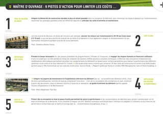 1
Prise de decision
en amont
Coût global
Importance
des etudes
Anticipation
des besoins
de maintenance
Suivi de la
performance
Intégrer la démarche de construction durable le plus en amont possible dans la conception du bâtiment, pour minimiser les impacts globaux sur l’environnement,
maximiser les synergies possibles entre les différents objectifs et anticiper les coûts d’entretien et maintenance.
Lors de la prise de décision, en phase de concours par exemple, calculer les retours sur investissement à 20-30 ans (mais aussi
à 5-10 ans), ce qui est plus proche de la durée de vie réelle d’un bâtiment (il faut également intégrer le réinvestissement lié aux
éventuelles rénovations pendant la durée de vie du bâtiment).
Photo : Slavatierra (Rennes, France).
Prendre le temps nécessaire lors des phases préalables de programmation, d’études et d’esquisse, et engager les moyens humains et financiers suffisants.
C’est à ce stade que l’on doit prendre le temps de comparer de manière chiffrée plusieurs solutions techniques, d’effectuer des simulations (notamment les
modélisations informatiques permettant de prévoir les comportements du bâtiment) en faisant varier certains paramètres pour évaluer la performance des différents
systèmes constructifs et du futur bâtiment (cf. fiche4). £ Une étude américaine a montré que consacrer 3% des coûts de construction en amont à de telles études
permet jusqu’à 10% d’économies sur les coûts de construction. (source Étude : « Rapport publié par Kema en octobre 2003 Managing the costs of Green buildings »)
£ Intégrer les aspects de maintenance et d’exploitation ultérieure du bâtiment (par ex. : accessibilité des éléments vitrés, choix
de vitres autonettoyantes, contrats de leasing comprenant l’entretien, …) lors de la consultation des entreprises en aval, constituer
à partir des documents, plans et dossiers fournis à l’issue de la réalisation, un guide d’entretien du bâtiment (parfois appelé
Dossier d’Exploitation et de Maintenance).
Photo : Alterra (Wageningen, Pays-Bas).
Prévoir dès la conception la mise en place d’outils permettant de suivre la performance et les consommations du bâtiment pour pouvoir communiquer sur le
bilan économique de la démarche. Il est conseillé d’intégrer une GTC (Gestion technique centralisée) dont l’interface est adaptée à l’utilisateur et aux mesures de
performance recherchées par le ma tre d’ouvrage (par ex. : consommations énergétiques, d’eau…).
3
4
5
Maître d’ouvrage : 9 pistes d’action pour limiter les coûts …
2
 