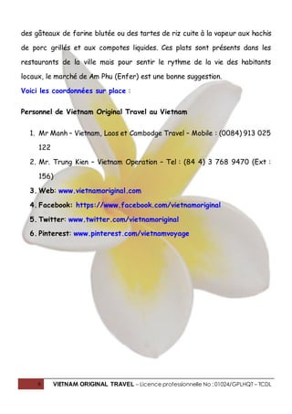6 VIETNAM ORIGINAL TRAVEL – Licence professionnelle No : 01024/GPLHQT – TCDL
des gâteaux de farine blutée ou des tartes de riz cuite à la vapeur aux hachis
de porc grillés et aux compotes liquides. Ces plats sont présents dans les
restaurants de la ville mais pour sentir le rythme de la vie des habitants
locaux, le marché de Am Phu (Enfer) est une bonne suggestion.
Voici les coordonnées sur place :
Personnel de Vietnam Original Travel au Vietnam
1. Mr Manh – Vietnam, Laos et Cambodge Travel – Mobile : (0084) 913 025
122
2. Mr. Trung Kien – Vietnam Operation – Tel : (84 4) 3 768 9470 (Ext :
156)
3. Web: www.vietnamoriginal.com
4. Facebook: https://www.facebook.com/vietnamoriginal
5. Twitter: www.twitter.com/vietnamoriginal
6. Pinterest: www.pinterest.com/vietnamvoyage
 