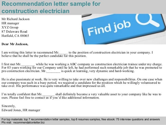 construction electrician recommendation letter electrician letter of recommendation