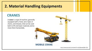 2. Material Handling Equipments
https://www.youtube.com/watch?v=oSyC8pxJdeQ&t=525s
A crane is a type of machine, generally
equipped with a hoist, wire ropes or
chains, and sheaves, that can be used
both to lift and lower materials and to
move them horizontally.
CRANES
MOBILE CRANE
 
