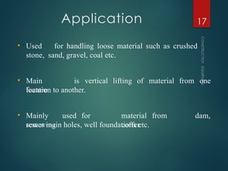 Application
CONSTRUCTION
EQUIPMENT
17
• Used for handling loose material such as crushed
stone, sand, gravel, coal etc.
• Main
feature
is vertical lifting of material from one
location to another.
• Mainly used for
removing
material from
coffer
dam,
sewer main holes, well foundations etc.
 