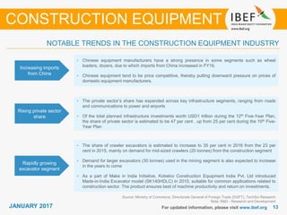 JANUARY 2015 1313JANUARY 2017 For updated information, please visit www.ibef.org
NOTABLE TRENDS IN THE CONSTRUCTION EQUIPMENT INDUSTRY
Increasing imports
from China
• Chinese equipment manufacturers have a strong presence in some segments such as wheel
loaders, dozers, due to which imports from China increased in FY16.
• Chinese equipment tend to be price competitive, thereby putting downward pressure on prices of
domestic equipment manufacturers.
Rising private sector
share
• The private sector’s share has expanded across key infrastructure segments, ranging from roads
and communications to power and airports
• Of the total planned infrastructure investments worth USD1 trillion during the 12th Five-Year Plan,
the share of private sector is estimated to be 47 per cent , up from 25 per cent during the 10th Five-
Year Plan
Rapidly growing
excavator segment
• The share of crawler excavators is estimated to increase to 35 per cent in 2016 from the 23 per
cent in 2015, mainly on demand for mid-sized crawlers (20 tonnes) from the construction segment
• Demand for larger excavators (30 tonnes) used in the mining segment is also expected to increase
in the years to come
• As a part of Make in India Initiative, Kobelco Construction Equipment India Pvt. Ltd introduced
Made-in-India Excavator model (SK140HDLC) in 2015, suitable for common applications related to
construction sector. The product ensures best of machine productivity and return on investments.
Source: Ministry of Commerce, Directorate General of Foreign Trade (DGFT), TechSci Research
Note: R&D - Research and Development
CONSTRUCTION EQUIPMENT
 