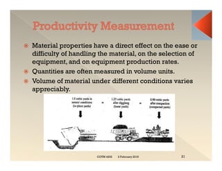  Material properties have a direct effect on the ease or
difficulty of handling the material, on the selection of
equipment, and on equipment production rates.
 Quantities are often measured in volume units.
 Volume of material under different conditions varies
appreciably.
 Material properties have a direct effect on the ease or
difficulty of handling the material, on the selection of
equipment, and on equipment production rates.
 Quantities are often measured in volume units.
 Volume of material under different conditions varies
appreciably.
2 February 2019
COTM 4202 21
 