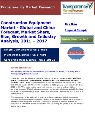 REPORT DESCRIPTION
Construction Equipment Market Will Reach USD 192.3 Billion Globally by 2017:
Transparency Market Research
Transparency Market Research published new market report "Construction Equipment
Market - Global and China Forecast, Market Share, Size, Growth and Industry
Analysis, 2011 - 2017," the global construction equipment market is expected to reach
USD 192.3 billion by 2017 from USD 143.6billion in 2012, growing at a CAGR of 6.0% from
2012 to 2017.The earth-moving equipment segment is in a commanding position
contributing about 43% to the total construction equipment market revenue in 2012. China
accounted for majority of the global construction equipment consumption, with Europe at a
distant second.
The construction equipment market is driven by factors such as growth in construction
activities, emergence of lease-based equipment, and increasing government investment in
infrastructure development especially in developing nations. In addition demand by
companies in infrastructure and real estate is also supporting the growth of the construction
equipment market.
Transparency Market Research
Construction Equipment
Market - Global and China
Forecast, Market Share,
Size, Growth and Industry
Analysis, 2011 – 2017
Single User License: US $ 4595
Multi User License: US $ 7595
Corporate User License: US $ 10595
Buy Now
Request Sample
Published Date: July 2013
90 Pages Report
 