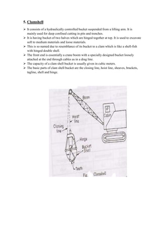 5. Clamshell 
 It consists of a hydraulically controlled bucket suspended from a lifting arm. It is 
mainly used for deep confined cutting in pits and trenches. 
 It is having bucket of two halves which are hinged together at top. It is used to excavate 
soft to medium materials and loose materials. 
 This is so named due to resemblance of its bucket to a clam which is like a shell-fish 
with hinged double shell. 
 The front end is essentially a crane boom with a specially designed bucket loosely 
attached at the end through cables as in a drag line. 
 The capacity of a clam shell bucket is usually given in cubic meters. 
 The basic parts of clam shell bucket are the closing line, hoist line, sheaves, brackets, 
tagline, shell and hinge. 
 