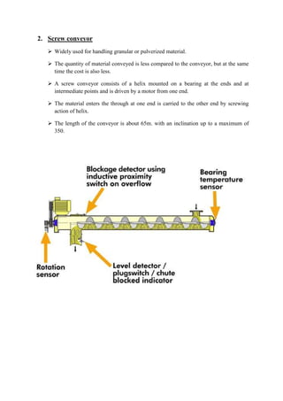 2. Screw conveyor 
 Widely used for handling granular or pulverized material. 
 The quantity of material conveyed is less compared to the conveyor, but at the same 
time the cost is also less. 
 A screw conveyor consists of a helix mounted on a bearing at the ends and at 
intermediate points and is driven by a motor from one end. 
 The material enters the through at one end is carried to the other end by screwing 
action of helix. 
 The length of the conveyor is about 65m. with an inclination up to a maximum of 
350. 
 