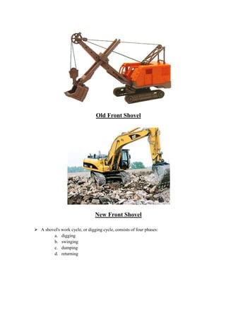 Old Front Shovel 
New Front Shovel 
 A shovel's work cycle, or digging cycle, consists of four phases: 
a. digging 
b. swinging 
c. dumping 
d. returning 
 