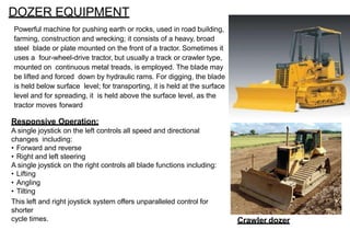 DOZER EQUIPMENT
Powerful machine for pushing earth or rocks, used in road building,
farming, construction and wrecking; it consists of a heavy, broad
steel blade or plate mounted on the front of a tractor. Sometimes it
uses a four-wheel-drive tractor, but usually a track or crawler type,
mounted on continuous metal treads, is employed. The blade may
be lifted and forced down by hydraulic rams. For digging, the blade
is held below surface level; for transporting, it is held at the surface
level and for spreading, it is held above the surface level, as the
tractor moves forward
Responsive Operation:
A single joystick on the left controls all speed and directional
changes including:
• Forward and reverse
• Right and left steering
A single joystick on the right controls all blade functions including:
• Lifting
• Angling
• Tilting
This left and right joystick system offers unparalleled control for
shorter
cycle times. Crawler dozer
 
