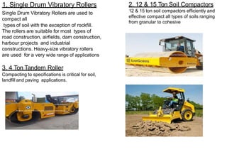 1. Single Drum Vibratory Rollers 2. 12 & 15 Ton Soil Compactors
12 & 15 ton soil compactors efficiently and
effective compact all types of soils ranging
from granular to cohesive
Single Drum Vibratory Rollers are used to
compact all
types of soil with the exception of rockfill.
The rollers are suitable for most types of
road construction, airfields, dam construction,
harbour projects and industrial
constructions. Heavy-size vibratory rollers
are used for a very wide range of applications
3. 4 Ton Tandem Roller
Compacting to specifications is critical for soil,
landfill and paving applications.
 