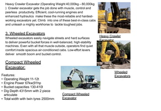 Heavy Crawler Excavator (Operating Weight 40,000kg – 80,000kg
) Crawler excavator gets the job done with muscle, control and
peerless productivity. Efficient, cool-running engines and
enhanced hydraulics make these the most-reliable and hardest-
working excavators yet. Climb into one of these best-in-class cabs
and unleash a mighty workhorse to tackle toughest jobs.
3. Wheeled Excavators
Wheeled excavators easily navigate streets and hard surfaces
to deliver powerful bucket forces in well-balanced, high-stability
machines. Even with all that muscle outside, operators find quiet
comfort inside spacious air-conditioned cabs. Low-effort levers
deliver smooth boom and bucket control.
d
boom
Compact Wheeled
Excavator:
Features:
• Operating Weight 11-12t
• Engine Power 67kw(91hp
• Bucket capacities 130-410l
• Dig Depth 4315mm with 2 piece
articulate
• Total width with twin tyres 2500mm
Compact Wheeled
Excavator
Wheeled
Excavators
Heavy Crawler
Excavator
 