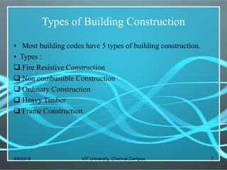 Types of Building Construction
• Most building codes have 5 types of building construction.
• Types :
 Fire Resistive Construction
 Non combustible Construction
 Ordinary Construction
 Heavy Timber
 Frame Construction
4/6/2016 VIT University, Chennai Campus 7
 